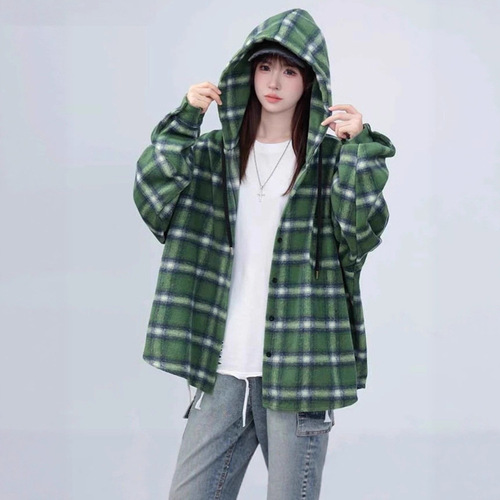Spring and autumn new style Hong Kong-style plaid hooded shirt coat for men and women's loose and lazy style medium and long casual trend coat