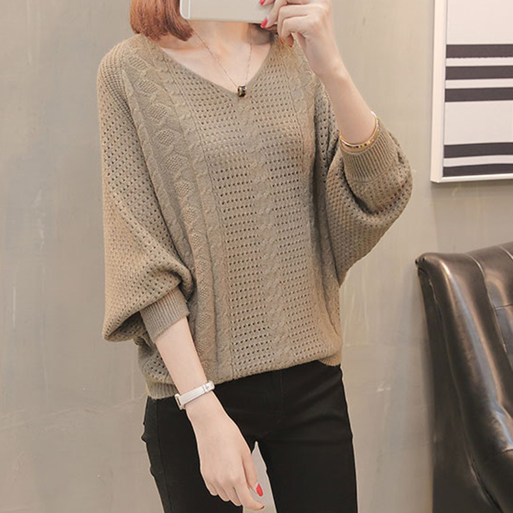 2025 Batwing Sweater for Women, Solid Color V-Neck, Spring and Autumn Korean Style, Lantern Sleeves, Loose Pullover, Hollow Knit Sweater for Women