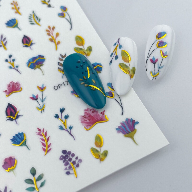 Spring and summer 3D nail art stickers with gold foil gradient colors, flowers, roses, and grass nail decoration stickers