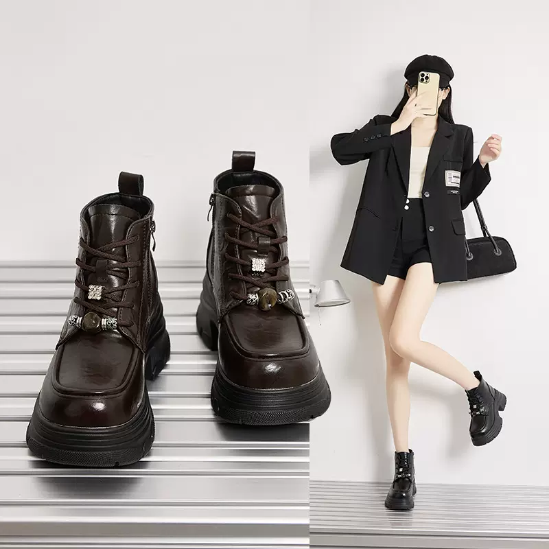 2025年新款真皮厚底马丁靴英伦风小个子增高短靴黑色百搭休闲女鞋