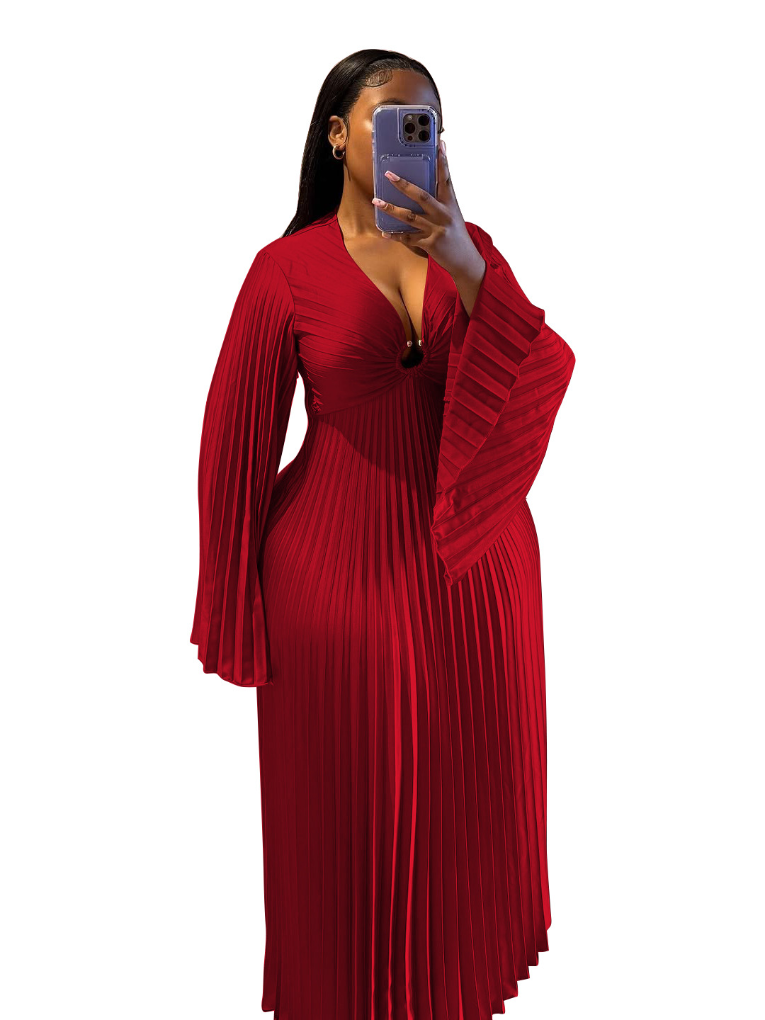 Women's Clothing Elegant Slim Fit Women's Dress V Neck Pleated Long Sleeve Solid Color Casual Spring/Autumn Dress_ecoleips.com