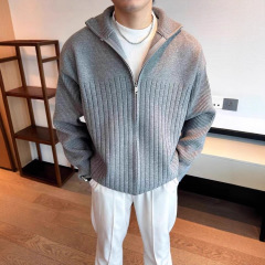厂家批发简约高级感纯色拉链开衫男复古慵懒宽松针织衫高领毛衣潮