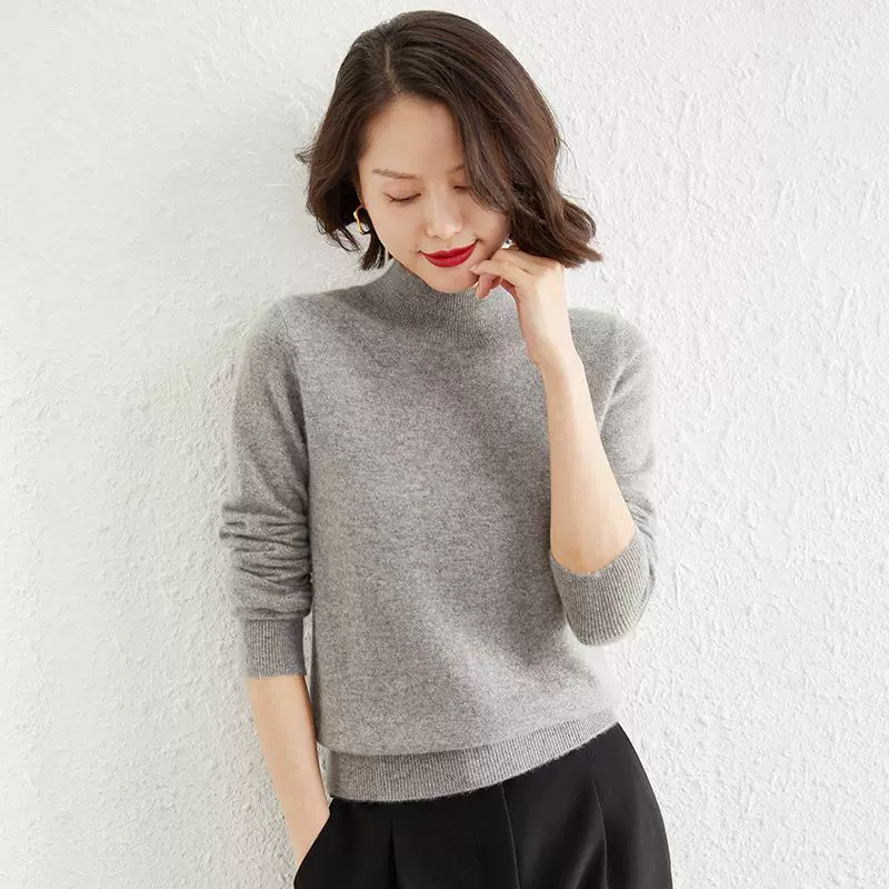 Оптовая продажа 2024 осень и зима новый трикотаж с короткими рукавами женский пол-высокий воротник нижний свитер сплошной цвет женский большой размер