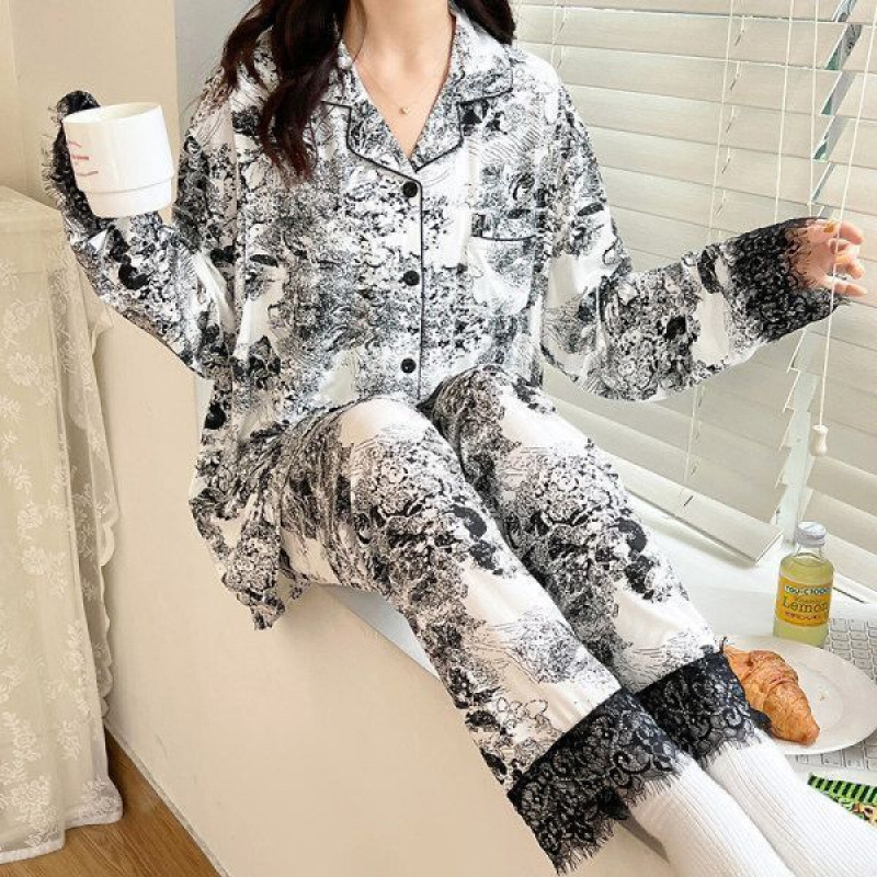 感绿色花卉印花冰丝睡衣女春秋季2025新款长袖套装丝绸家居服|undefined