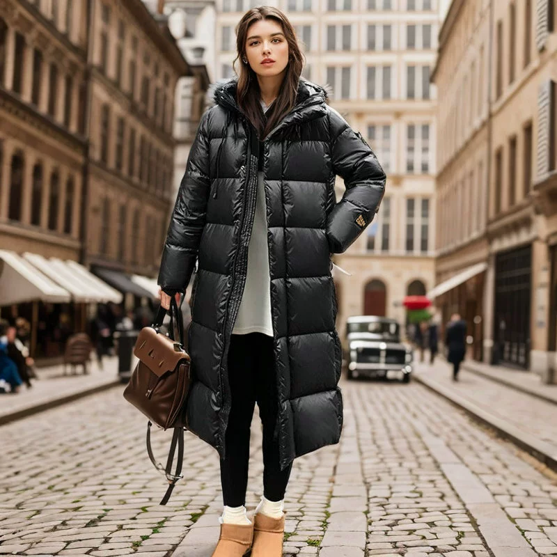 Женский пуховик из черного золота, высококачественный зимний длинный пуховик с капюшоном, зимнее пальто из утиного пуха.