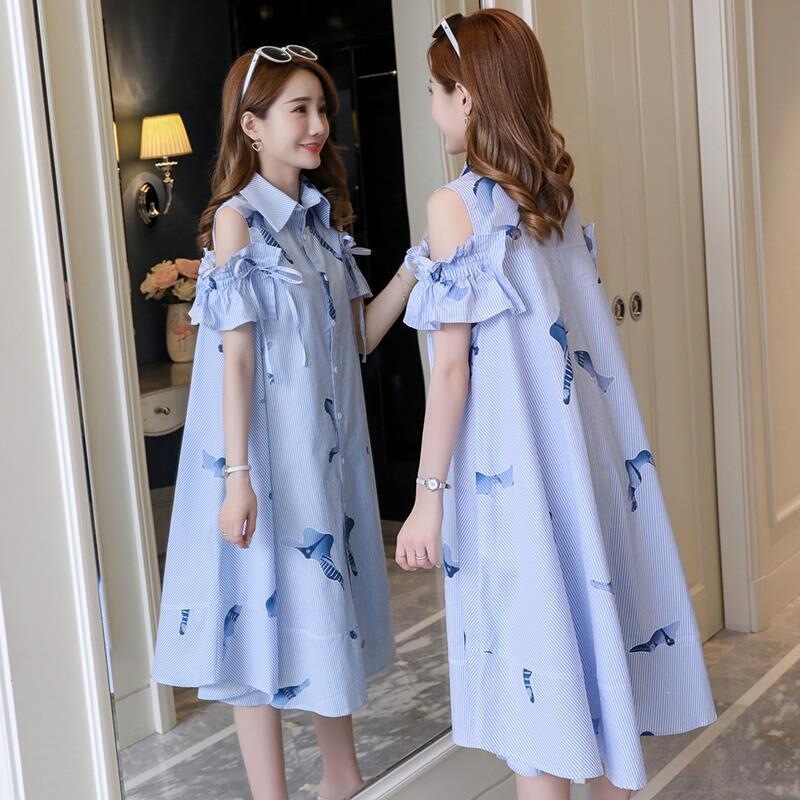 Plus Size 10130kg Maternity Summer Dress Loose Mid-Length Short-Sleeve Dress New Style Off-Shoulder Shirt Korean Version Plus Size 10130kg Maternity Summer Dress Loose Mid-Length Short-Sleeve Dress New Style Off-Shoulder Shirt Korean Version