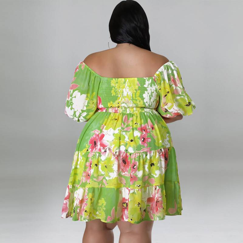 Plus Size Off Shoulder Floral Dress With Puff Sleeves, Flowy Swing Midi Dress For Women_ecoleips.com