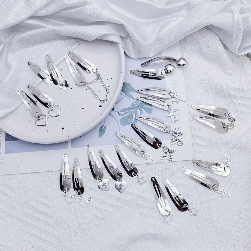 Sweet cool hot girl Asian culture silver water drop clip side clip cross love butterfly pendant chain ins bangs clip