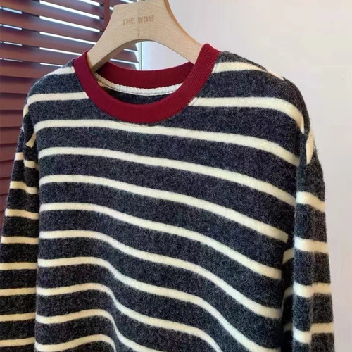 Two-sided velour soft, fluffy, skin-friendly loose fit color-blocking round neck dropped shoulder striped thick long sleeve women's T-shirt