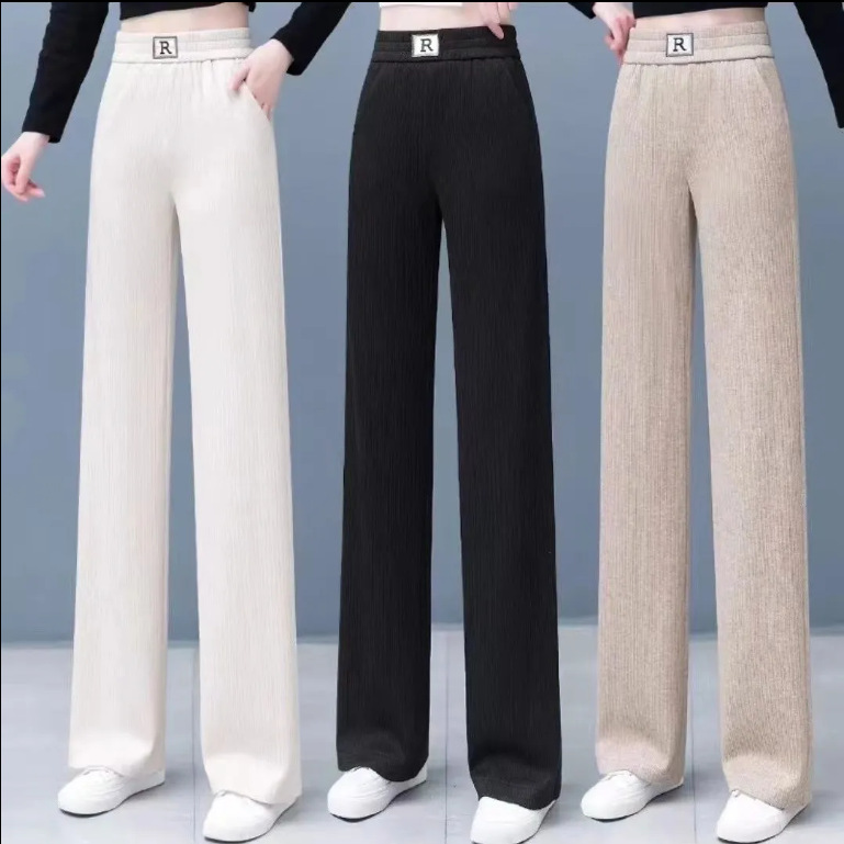 2025 Spring and Autumn New Pants Women's R Label High Waist Easiest for Match Slim Narrow Drape Corduroy Wide Leg Pants Floor-Mopping Pants