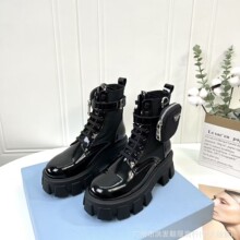 跨境欧洲站P家金属钱包包靴真皮厚底齿轮系带中筒松糕底黑色短靴