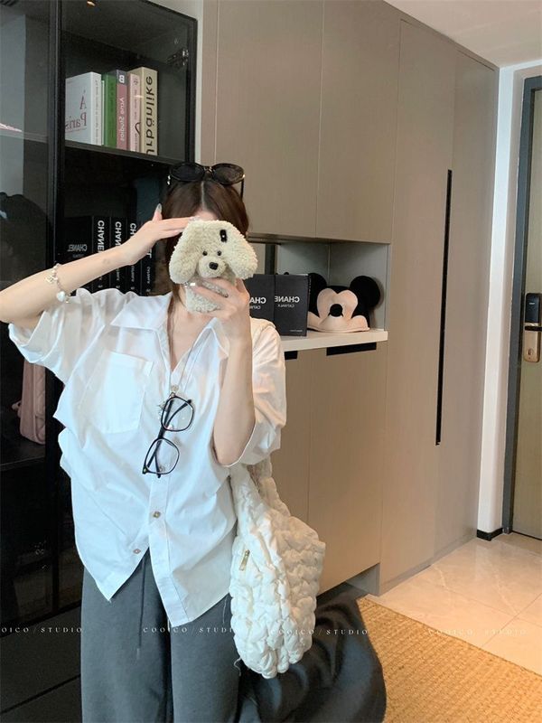 【原版品质】老钱风polo领白色衬衫女秋季宽松褶皱收腰衬衣|undefined