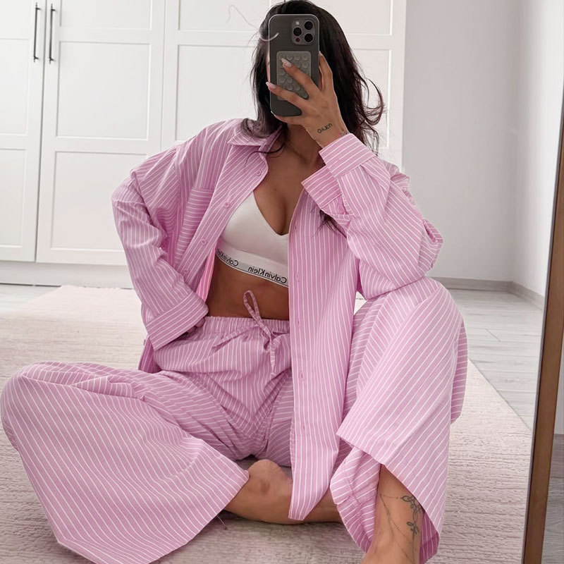 Amazon Tk Cross-Border Russian European and American Fashion Striped Casual Simple Women's Long-Sleeve Long Pants Loose Set Amazon Tk Cross-Border Russian European and American Fashion Striped Casual Simple Women's Long-Sleeve Long Pants Loose Set