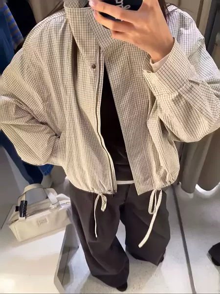 2026 Spring and Summer New Style American Workwear Style Versatile Loose Small Stand-Up Collar Plaid Nylon Casual Jacket for Women