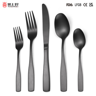 Cross-border Amazon tableware stainless steel matte tableware square handle knife fork spoon black Western food set 5 5-piece set