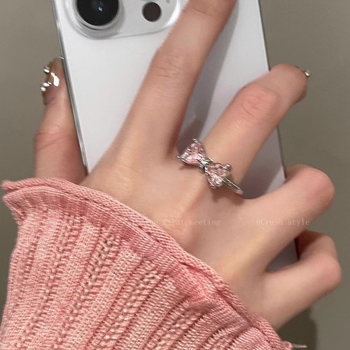 粉色蝴蝶结锆石戒指女夏年新款小众设计指环开口可调节食指戒