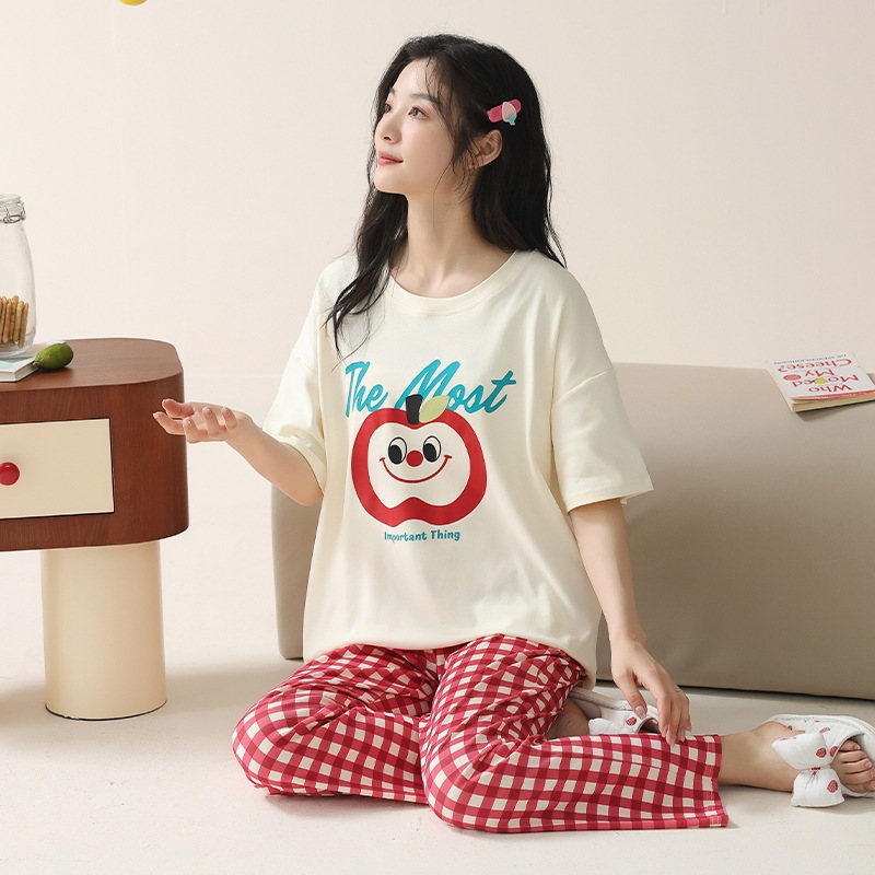 Class a Antibacterial Cotton Pajamas Women's Short-Sleeved Pants Cartoon K-Style Sweet Cartoon Cute Ladies Plus Size Home Clothes