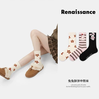 Renaissance珊瑚绒袜子女中筒袜冬季加厚加绒保暖卡通兔子睡眠袜