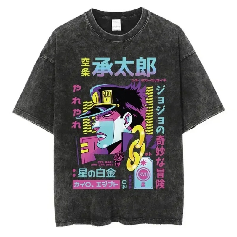 Vintage Washed Jojo Bizarre Adventure Animation Print Arrive Pure 100% Cotton Clothing Fashion Men's T-Shirt 896