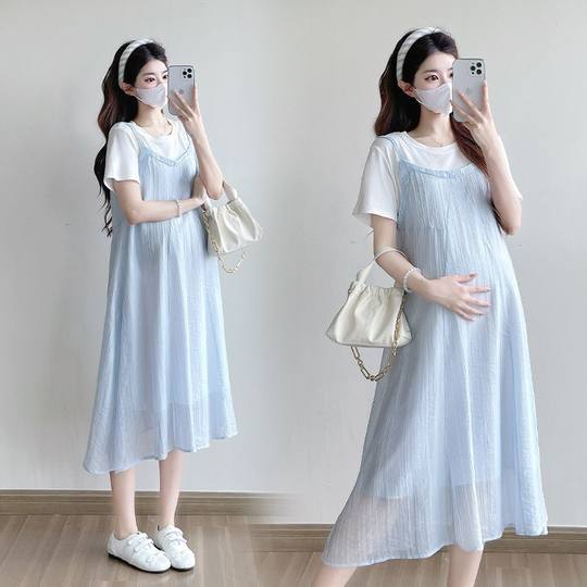 Pregnant Women's dress 2025 New Summer Korean Fashion Loose Slimming Fashionable Fake Two-piece Slip Skirt