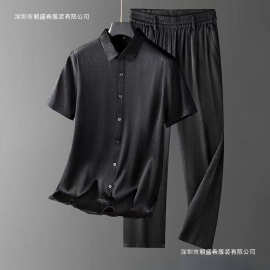 夏季新款男士桑蚕丝短袖衬衫2903套装商务休闲真丝两件套裤子