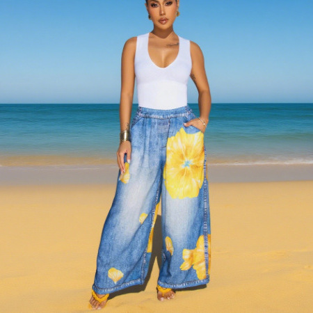 2025 Manufacturer Cross-Border Amazon European and American Foreign Trade Women's Clothing Russia Europe Printed Wide-Leg Pants Casual Women's Pants