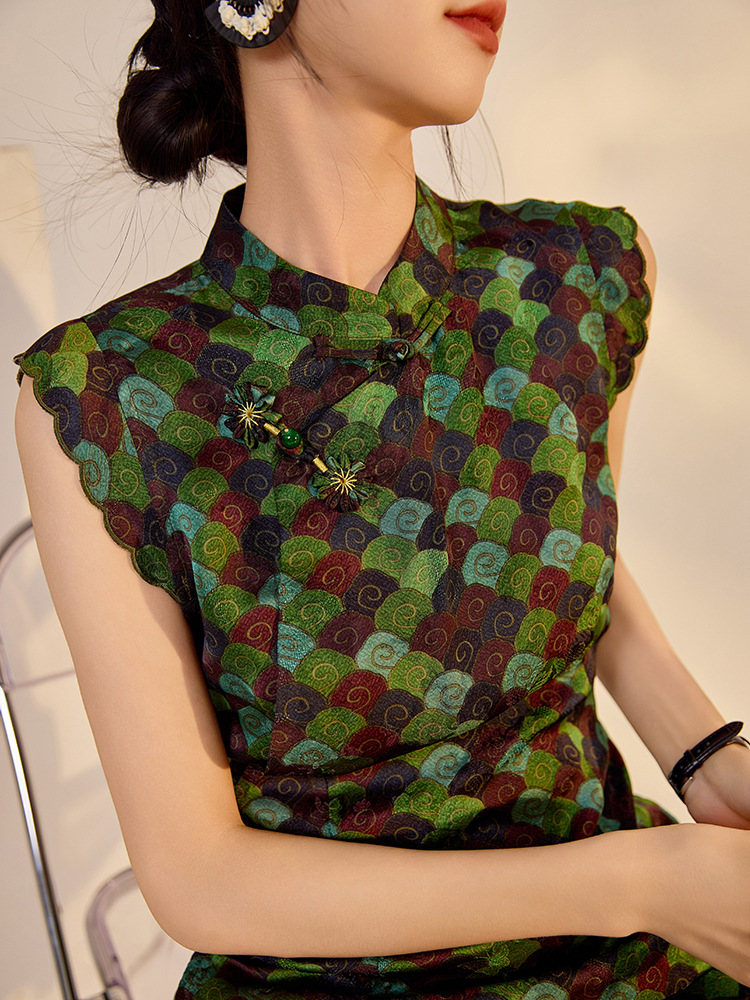 Váy sườn xám cách tân cổ đứng cài cúc kẻ sọc dáng chữ A chất rayon — Màu xanh khoáng