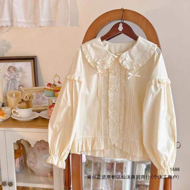 Cute Lolita-style doll long-sleeve lace shirt, Lolita top, spring and autumn doll collar shirt, beige Cute Lolita-style doll long-sleeve lace shirt, Lolita top, spring and autumn doll collar shirt, beige