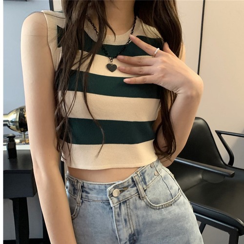 Knitted striped camisole women's  summer outer wear and inner wear sweet hot girl short sleeveless student top