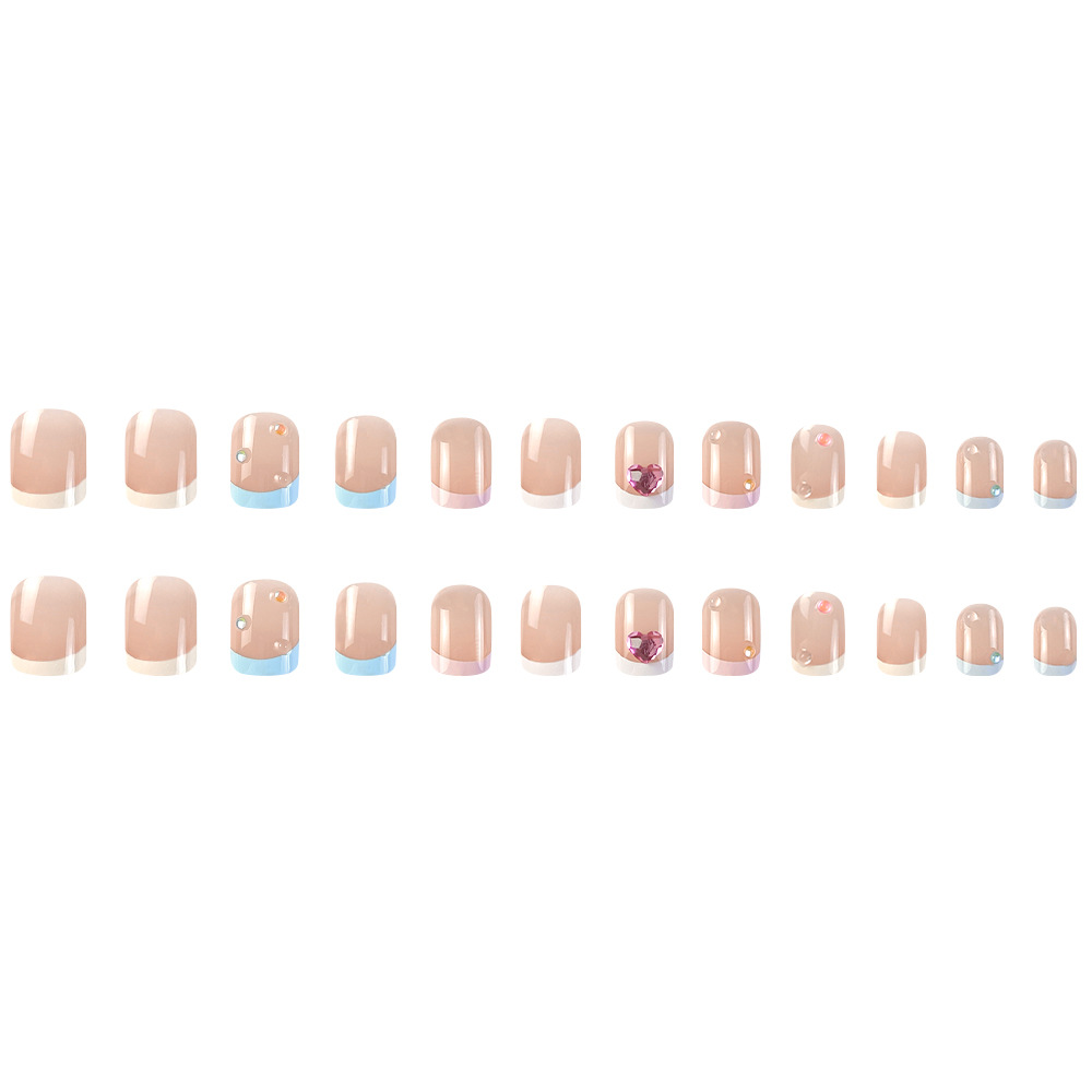 Color desnudo de diamante de manicure francesa, uñas cortas frescas y dulces, cabeza cuadrada para usar uñas 24 piezas de parche de uñas terminado