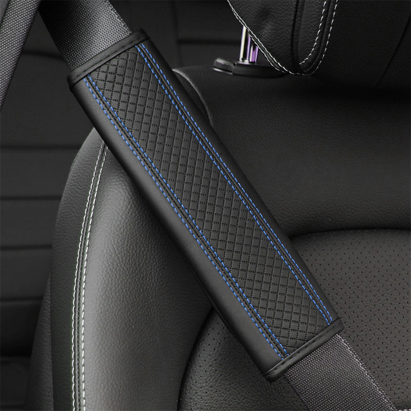 Qìchē – Fiber Leather Seat belt shoulder pad - dd-rhombus-shoulder-pad-single-black-blue-line-24cm