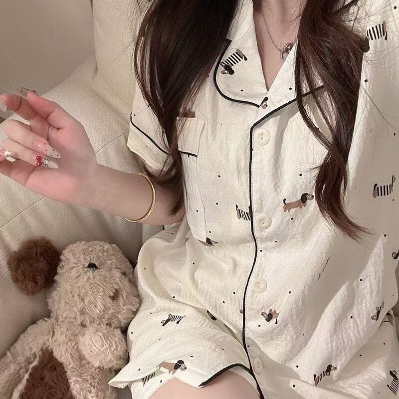 [Lotus Cream] Clouds Cross-border Foreign Trade Korean Pajamas Women's Cardigan Sweet Simple Japanese Students Long Sleeve Spring