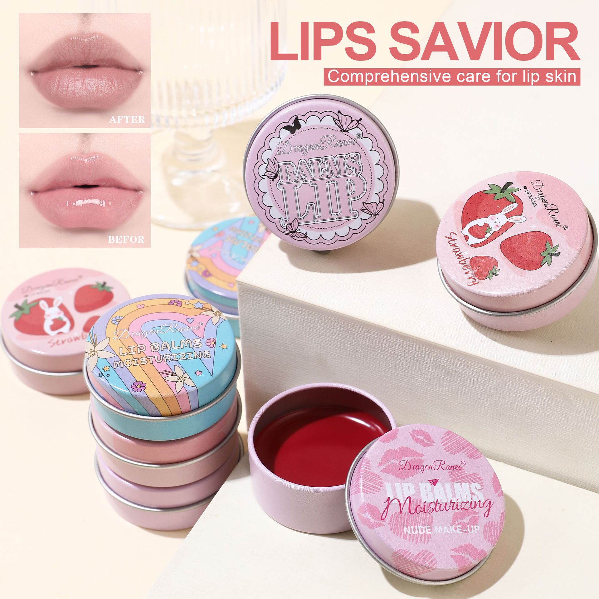 Cross-Border Dragonranee Lip Balm Women's Moisturizing Fruit Strawberry Pink Lipstick Lip Jelly Tin Box Colored Lipstick