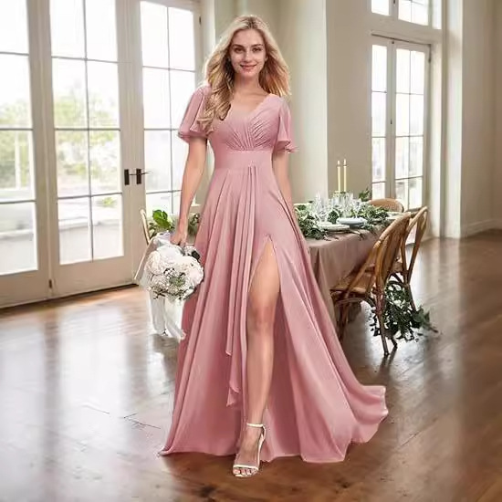 Cross-border European and American 2025 Summer New Chiffon Evening Dress V-neck Bridesmaid Wedding Party Host Dress