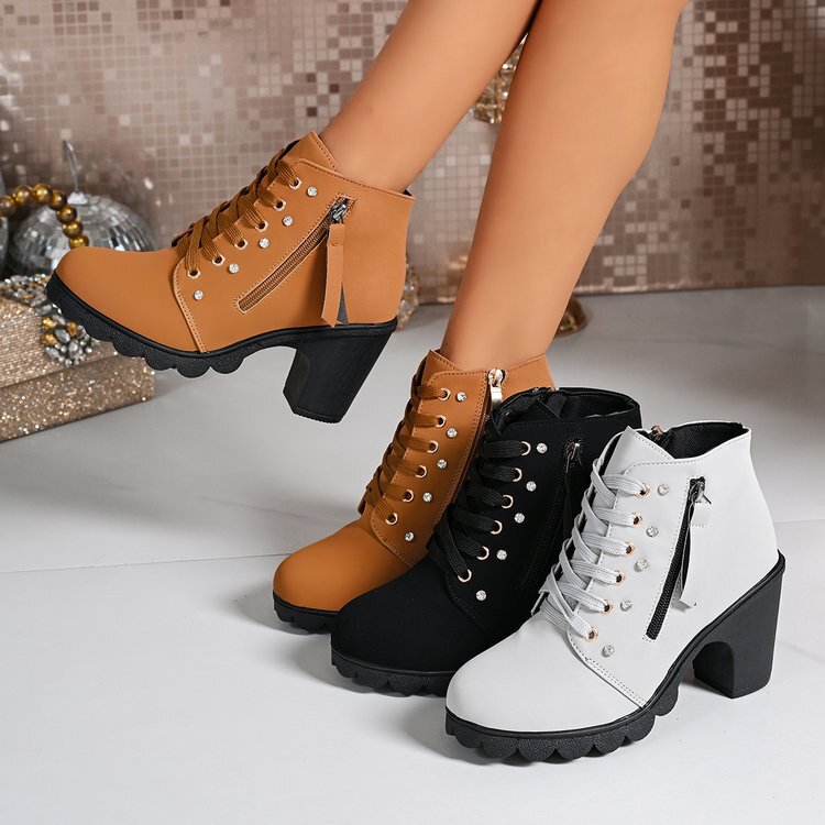 Women's Martin Boots 2026 New Cross-Border European and American Style Combat Boots Round Toe Chunky Heel Lace-Up Side Zipper Ankle Boots Women's Martin Boots 2026 New Cross-Border European and American Style Combat Boots Round Toe Chunky Heel Lace-Up Side Zipper Ankle Boots