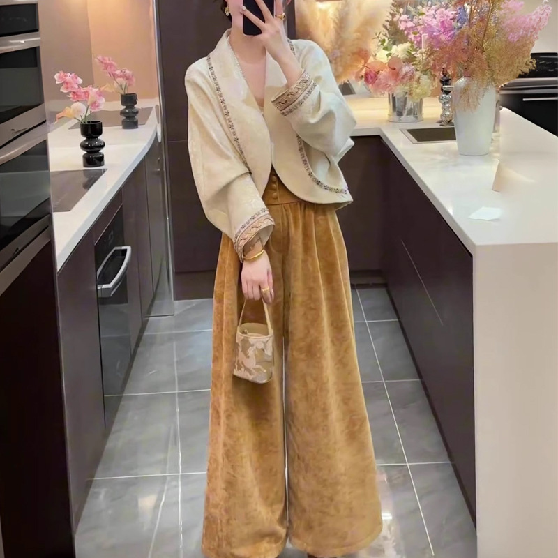 星辰2025秋新款中式设计款茧型提花刺绣外套+阔腿裤套装女两件套|undefined