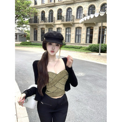 纯欲鎏金美人法式重工弹力抹胸针织开衫大长腿微喇长裤套装女