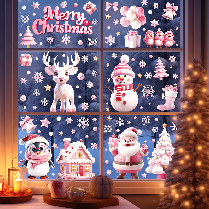 新しいピンクのクリスマスのクリスマスの窓は3dサンタクロースの家の雪のガラスの扉の装飾を貼って絵を貼ります。|undefined