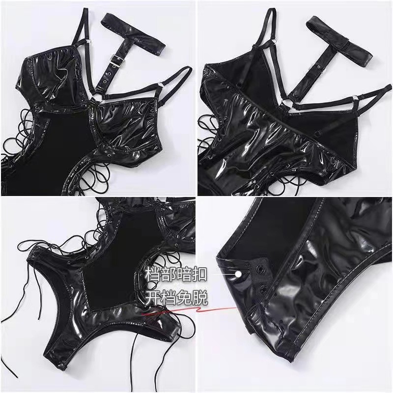 Patent Leather Maid Roleplay Costume with Backless Strap and Open Design — detail image 4