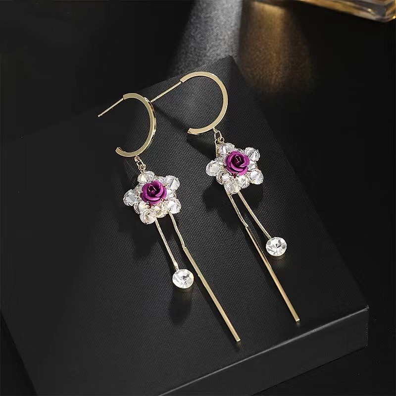 s925銀針長款花朵流蘇耳環女韓國網紅氣質耳飾圓臉顯瘦耳墜2023款