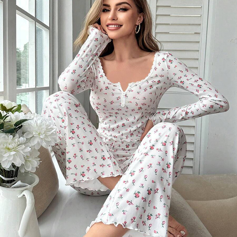Cross-Border Hot-Selling Amazon European and American Long-Sleeved Trousers Small Floral Print Curled Casual Pajamas Home Wear Suit for Women