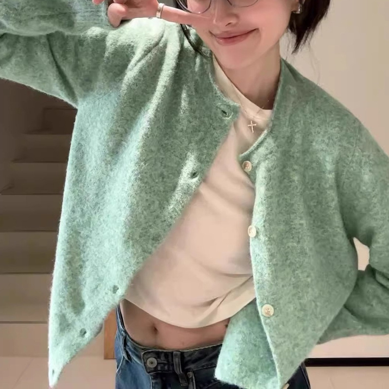 法式气质薄荷绿卷边针织开衫毛衣外套女春秋软糯绿色上衣早秋外搭|undefined