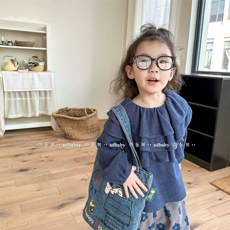 2025秋季童装新款 女童秋季韩版蝙蝠袖水洗棉宽版衬衫衬衣 123511
