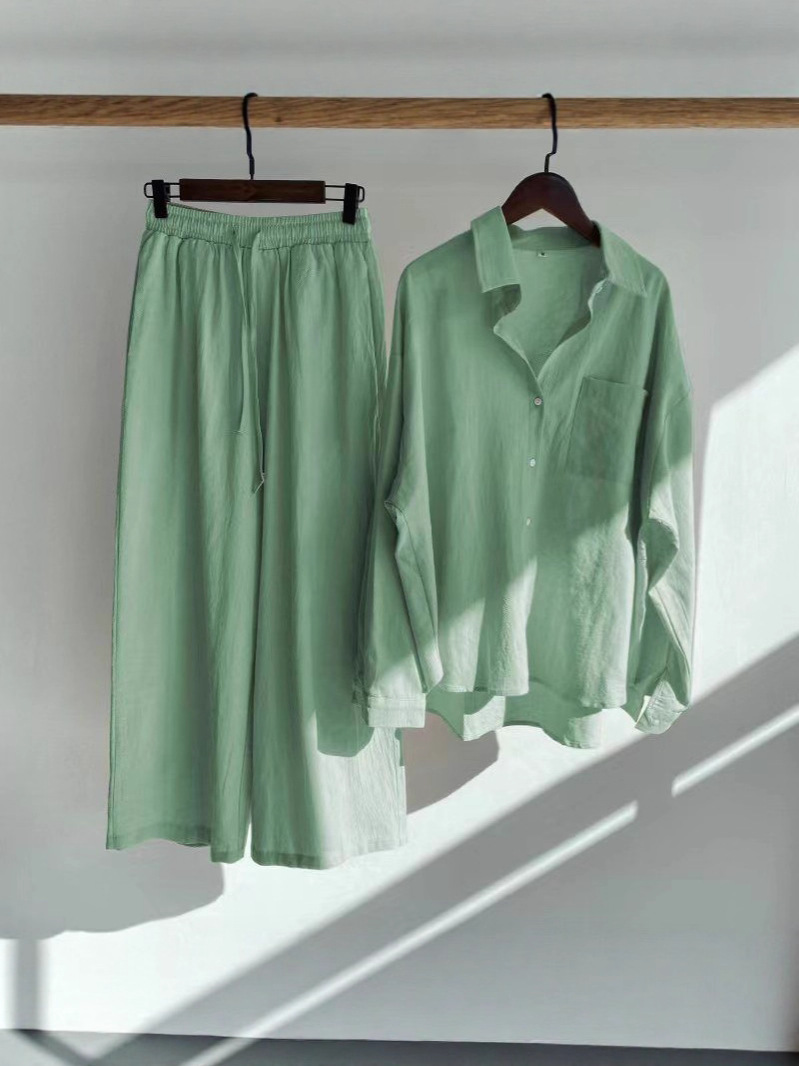 2025 Cross-Border Amazon Women's Retro Plus Size Cotton Linen Shirt Set High Waist Loose Pants Two-Piece Set for Women
