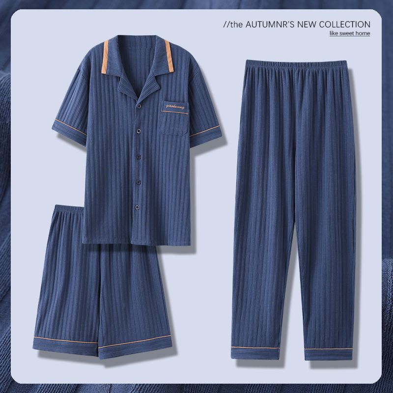 Pijama de algodón 100% para padres de mediana edad y ancianos cardigan de manga corta para hombres de verano traje de verano de tres piezas de primavera