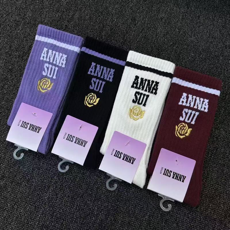 New Anna Su socks with gold rose embroidery, high-tube, color-blocking, suitable for all seasons, sporty long socks made of combed cotton, wholesale for foreign trade