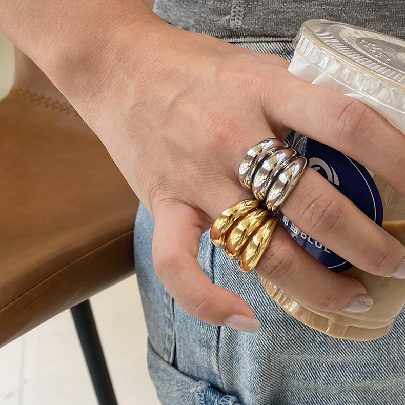 黃銅真金電鍍法式歐美誇張三層開口戒指ins設計感小眾食指戒指女