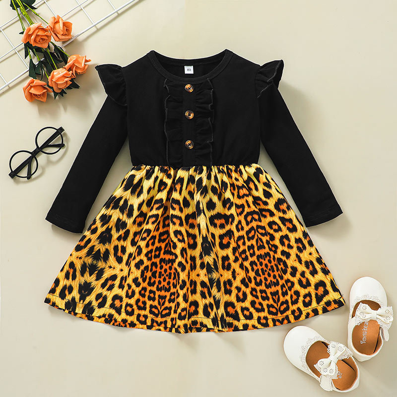 2021 Vestido De Manga Larga A Rayas Hundidas Para Niñas Otoño Falda De Retazos Con Estampado De Leopardo Para Niñas display picture 1