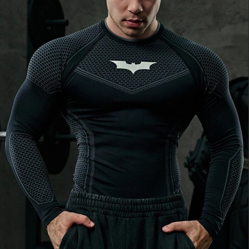 Black Long-Sleeved T-Shirt for Men, Batman 3D Digital Printed Elastic Sports Top, Quick-Drying Shirt, Men's Round Neck Sports Casual Wear