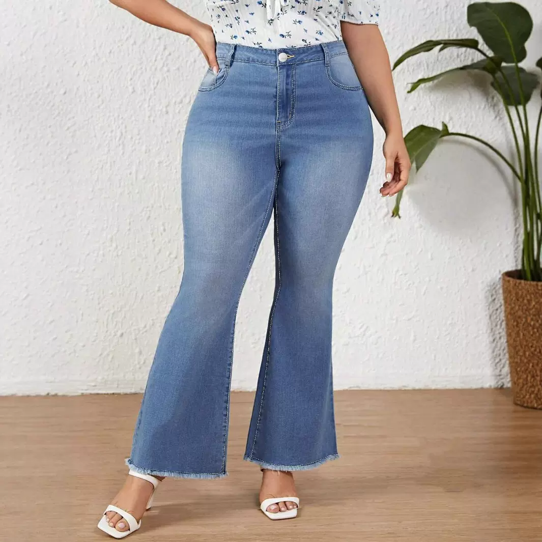 美式复古微喇弹力牛仔裤女春秋装新款宽松垂感百搭毛边喇叭休闲裤